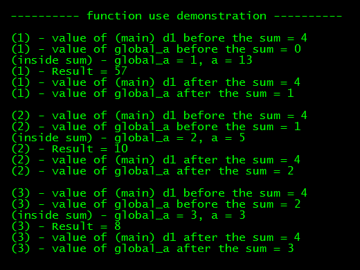 Output of a simple C program demonstrating C functions